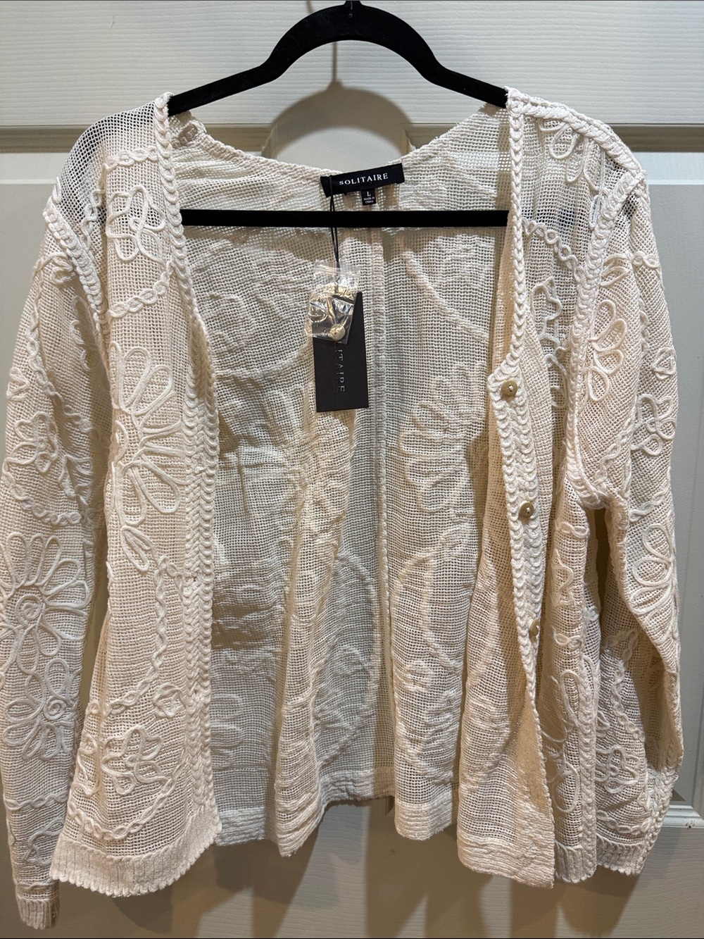Solitaire Cream Floral Crochet Cardigan with Button Accents